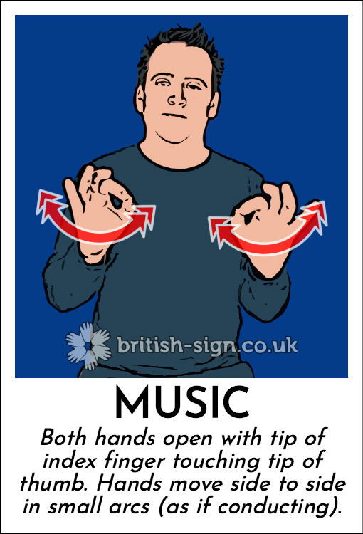 Music: Both hands open with tip of index finger touching tip of thumb. Hands move side to side in small arcs (as if conducting).